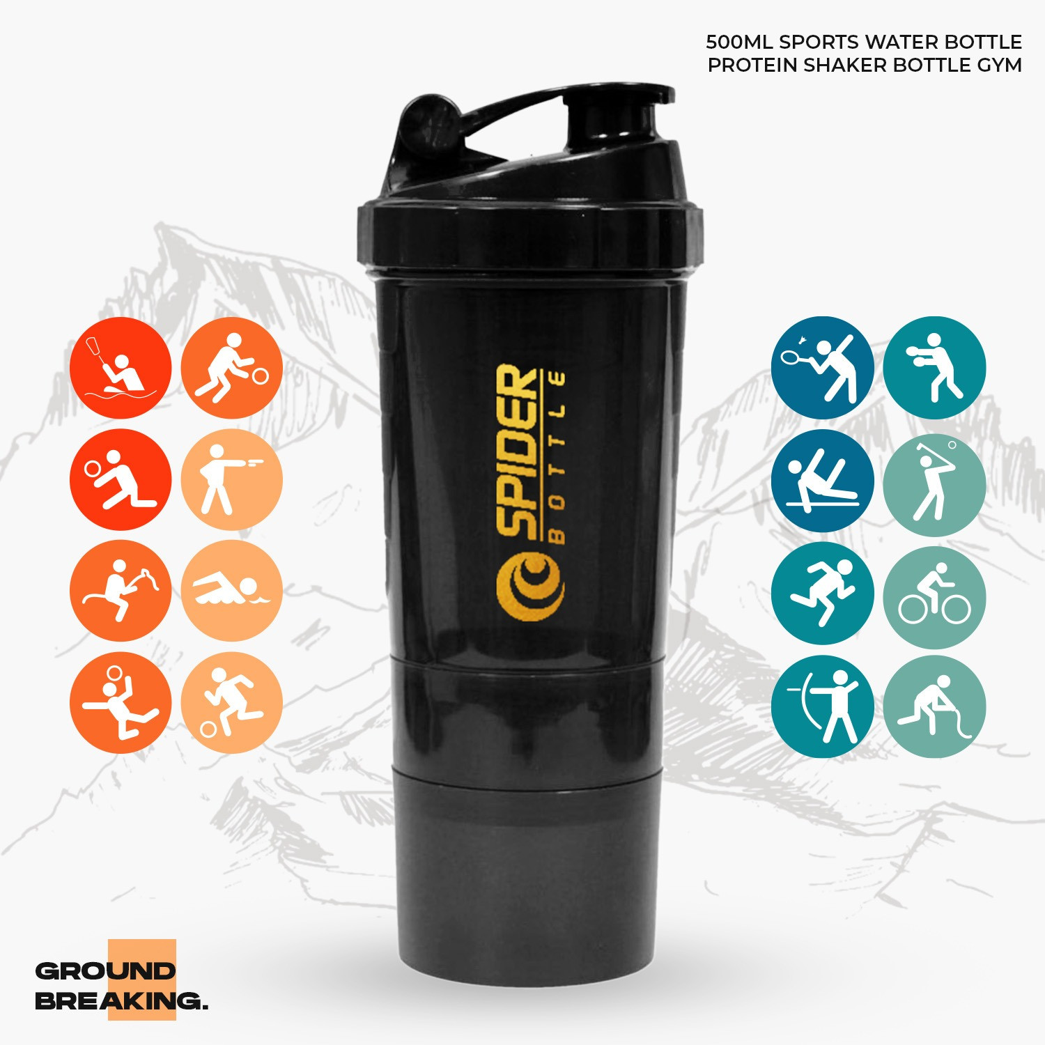 Spider Gym Bottle Durable and LeakProof Sports Water Bottle with Easy Grip Design - 500 ml.